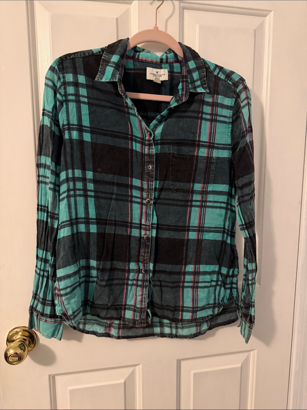 American Eagle Teal and Black Plaid Button-Down Shirt